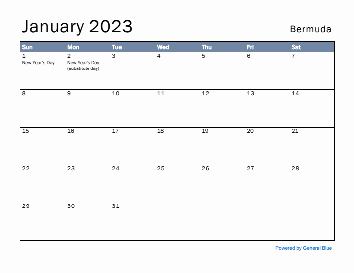 January 2023 Simple Monthly Calendar for Bermuda