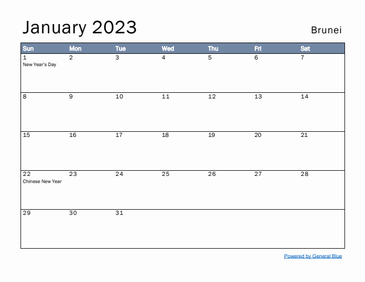 January 2023 Simple Monthly Calendar for Brunei