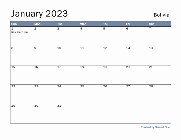 January 2023 Simple Monthly Calendar for Bolivia