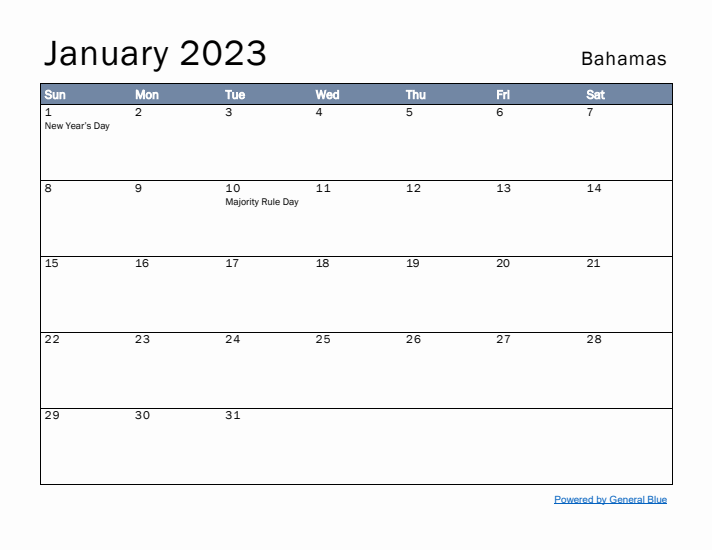 January 2023 Simple Monthly Calendar for Bahamas