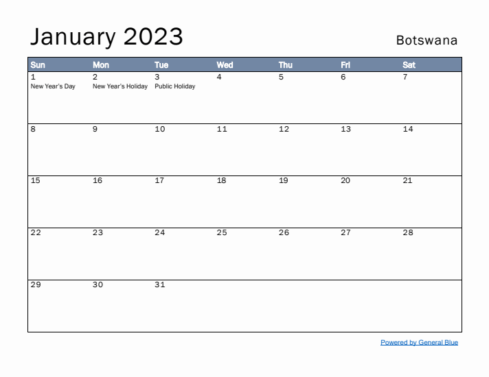 January 2023 Simple Monthly Calendar for Botswana