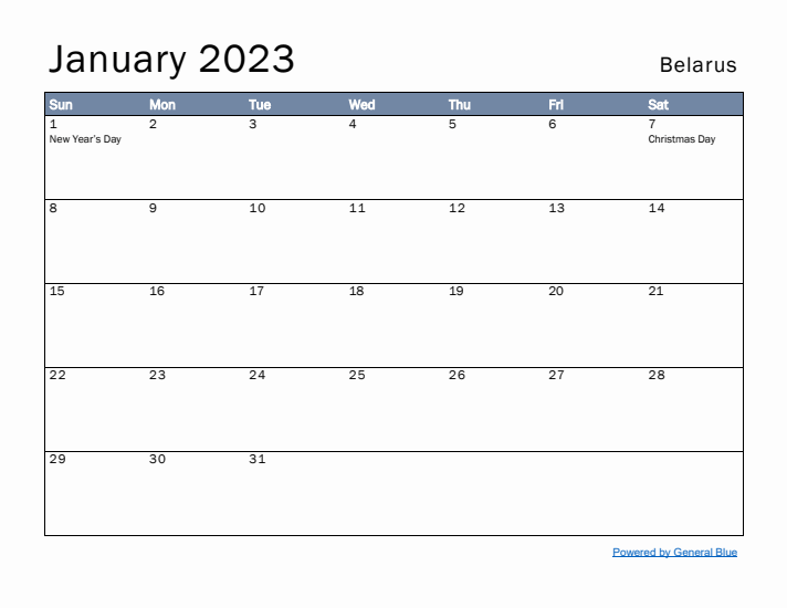 January 2023 Simple Monthly Calendar for Belarus