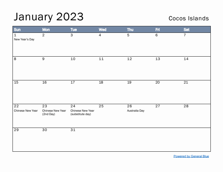 January 2023 Simple Monthly Calendar for Cocos Islands