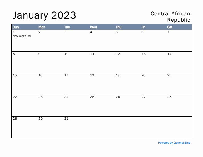 January 2023 Simple Monthly Calendar for Central African Republic