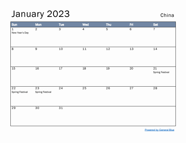 January 2023 Simple Monthly Calendar for China