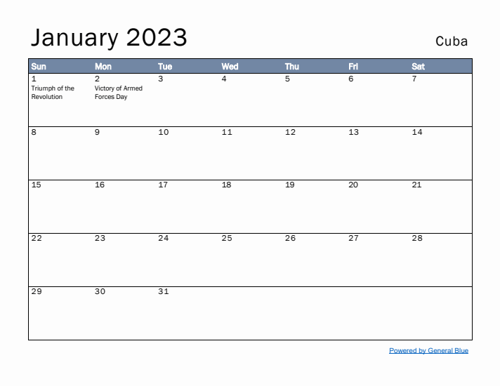 January 2023 Simple Monthly Calendar for Cuba