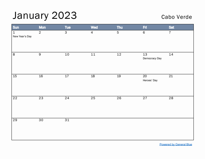 January 2023 Simple Monthly Calendar for Cabo Verde