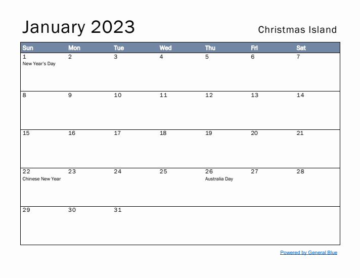 January 2023 Simple Monthly Calendar for Christmas Island