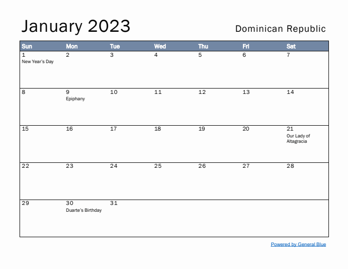 January 2023 Simple Monthly Calendar for Dominican Republic