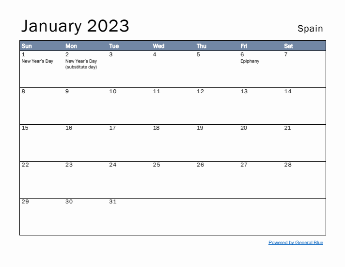 January 2023 Simple Monthly Calendar for Spain