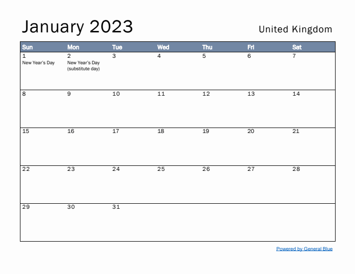 January 2023 Simple Monthly Calendar for United Kingdom