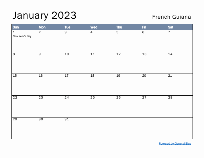 January 2023 Simple Monthly Calendar for French Guiana