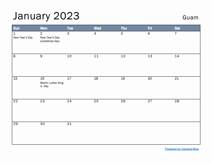 January 2023 Simple Monthly Calendar for Guam