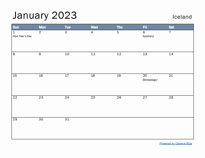 January 2023 Simple Monthly Calendar for Iceland