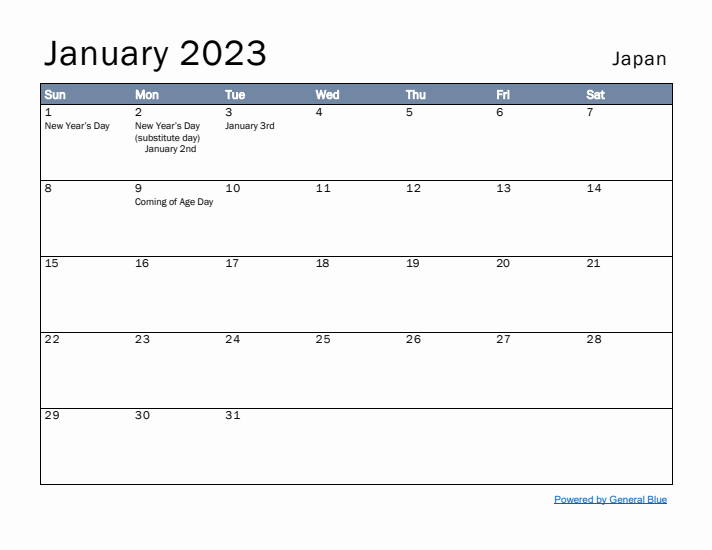 January 2023 Simple Monthly Calendar for Japan