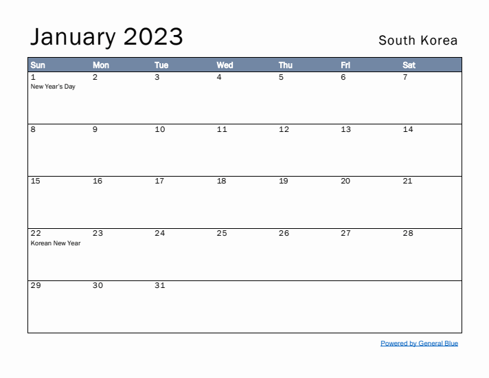 January 2023 Simple Monthly Calendar for South Korea