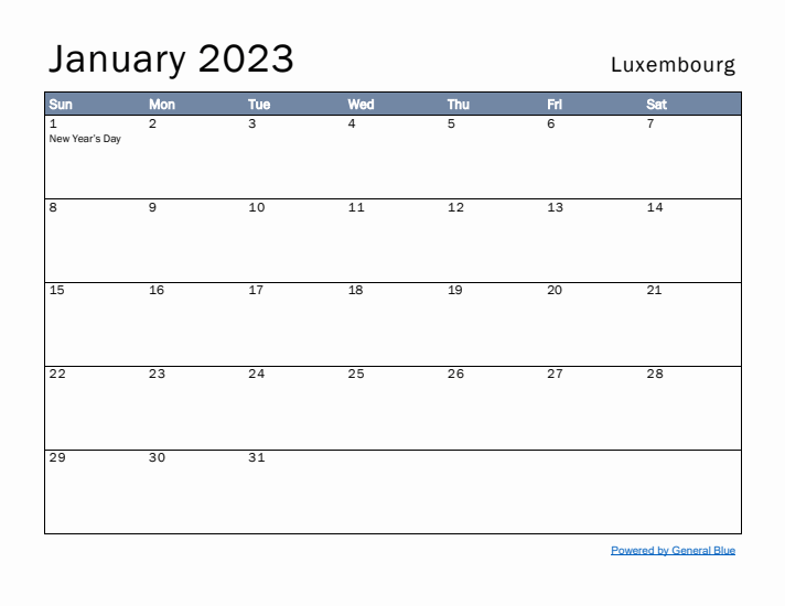 January 2023 Simple Monthly Calendar for Luxembourg