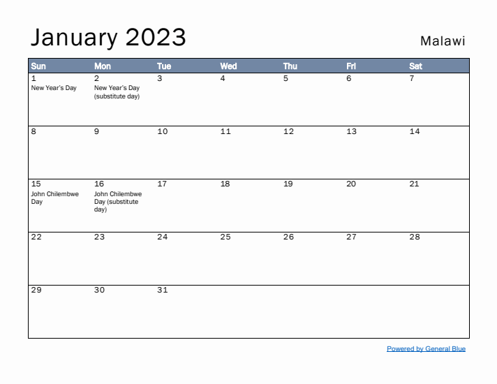 January 2023 Simple Monthly Calendar for Malawi