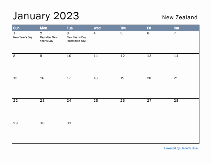 January 2023 Simple Monthly Calendar for New Zealand