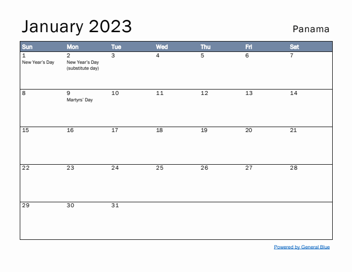 January 2023 Simple Monthly Calendar for Panama