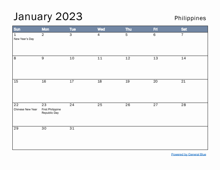 January 2023 Simple Monthly Calendar for Philippines