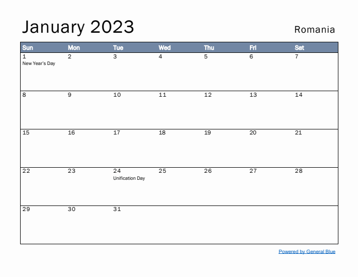 January 2023 Simple Monthly Calendar for Romania