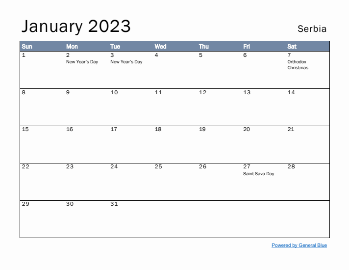 January 2023 Simple Monthly Calendar for Serbia