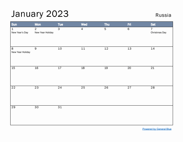 January 2023 Simple Monthly Calendar for Russia