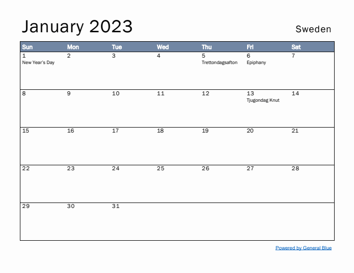 January 2023 Simple Monthly Calendar for Sweden