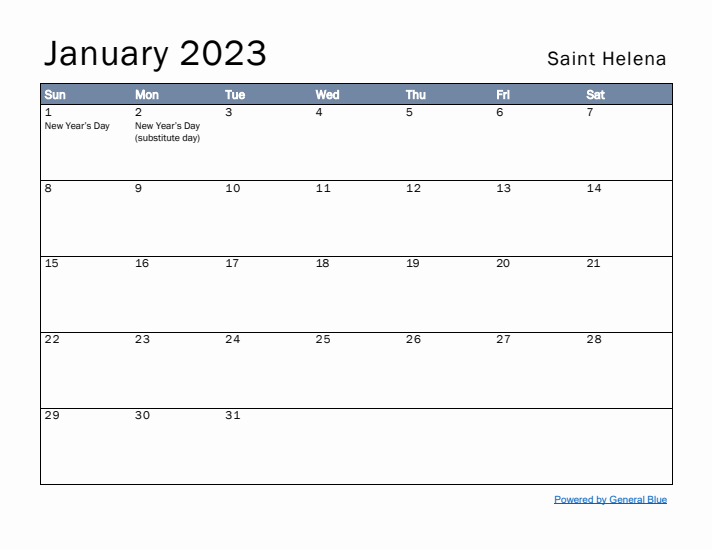 January 2023 Simple Monthly Calendar for Saint Helena