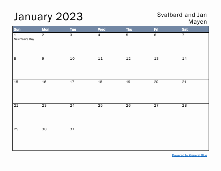 January 2023 Simple Monthly Calendar for Svalbard and Jan Mayen