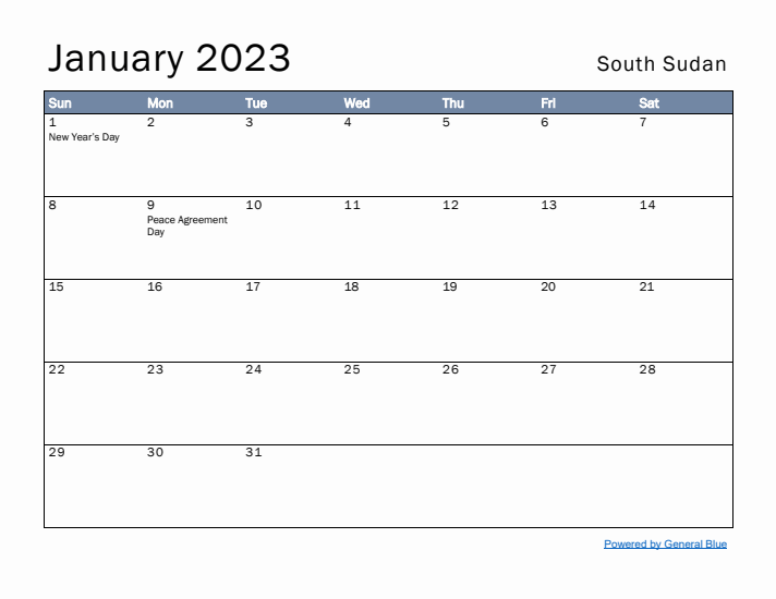 January 2023 Simple Monthly Calendar for South Sudan