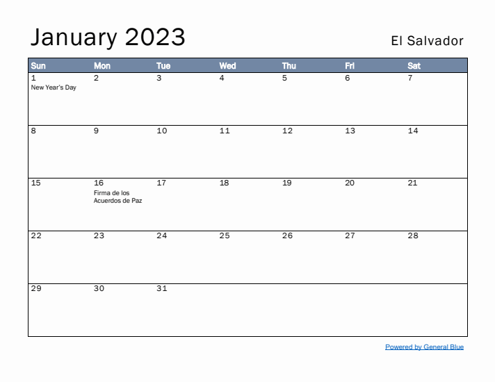 January 2023 Simple Monthly Calendar for El Salvador