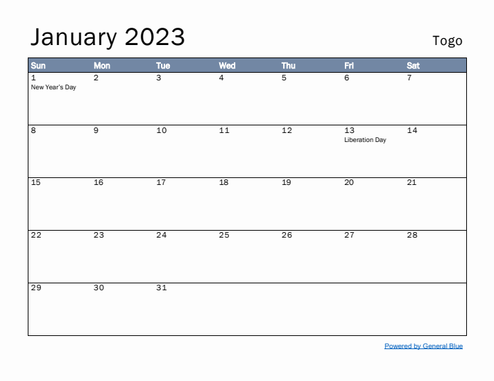 January 2023 Simple Monthly Calendar for Togo