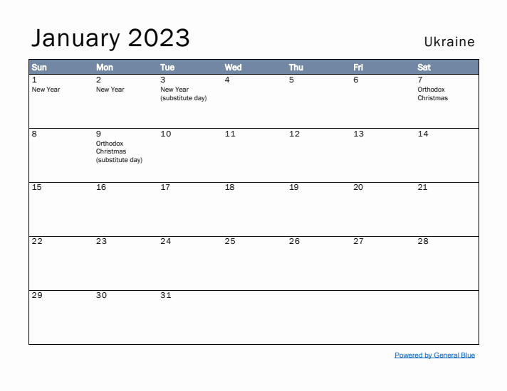 January 2023 Simple Monthly Calendar for Ukraine