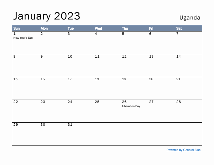 January 2023 Simple Monthly Calendar for Uganda