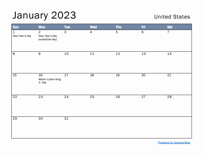 January 2023 Simple Monthly Calendar for United States