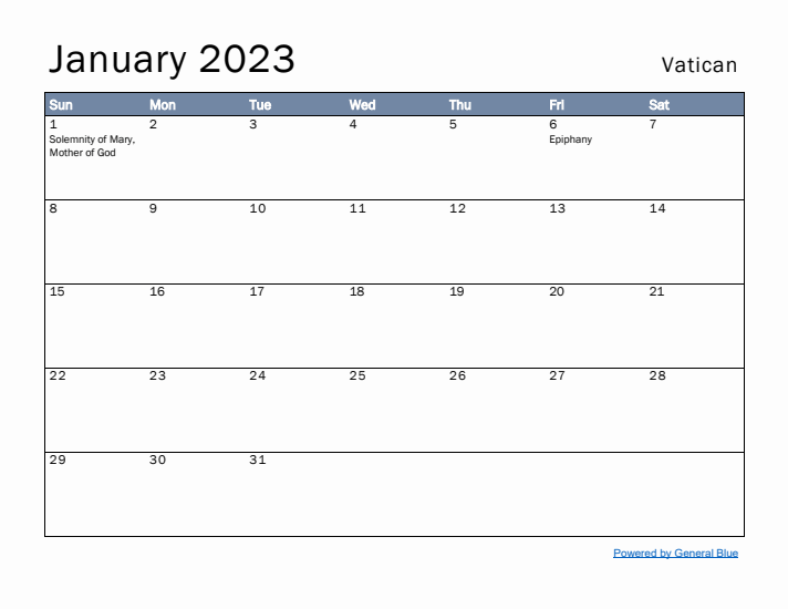 January 2023 Simple Monthly Calendar for Vatican