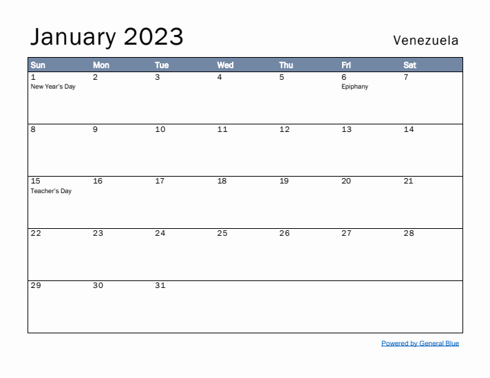 January 2023 Simple Monthly Calendar for Venezuela