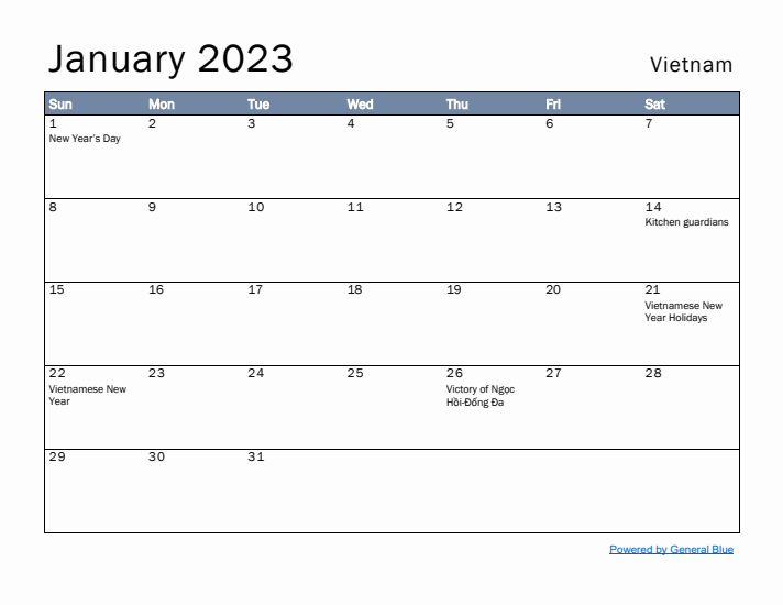 January 2023 Simple Monthly Calendar for Vietnam