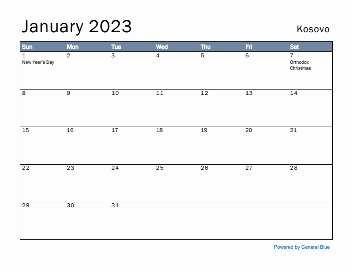 January 2023 Simple Monthly Calendar for Kosovo