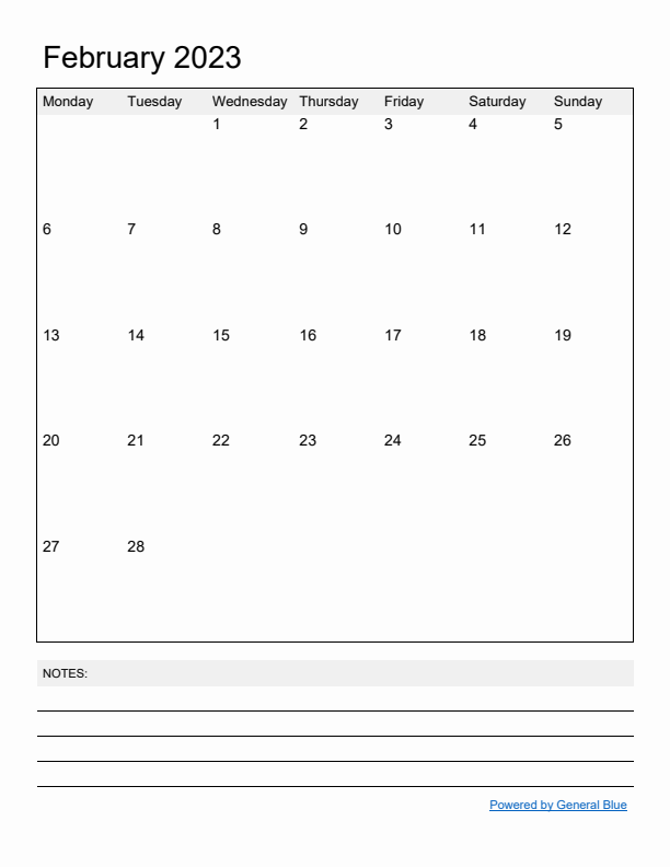 Basic Monthly Calendar Template for February 2023