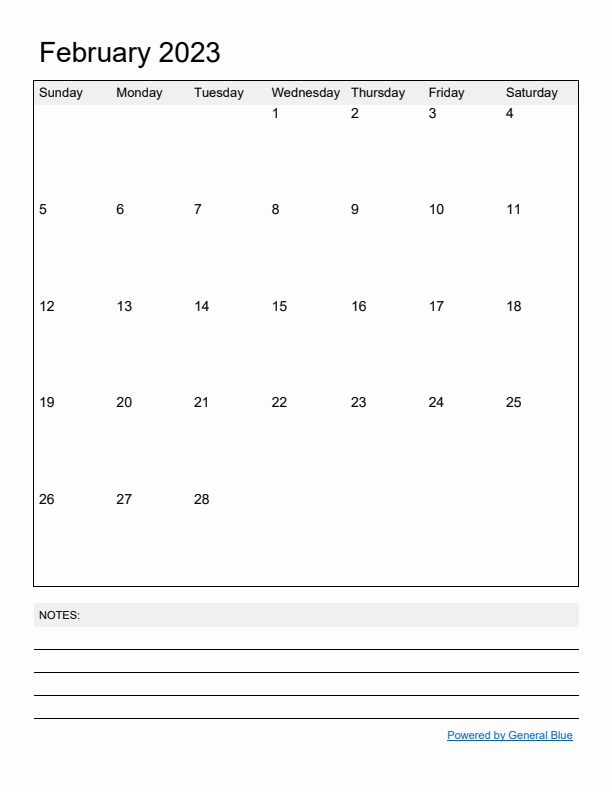 Basic Monthly Calendar Template for February 2023