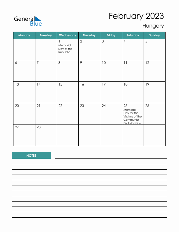 Calendar with Notes Printable - Monday Start