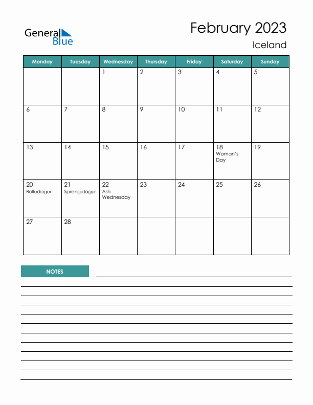 Calendar with Notes Printable - Monday Start