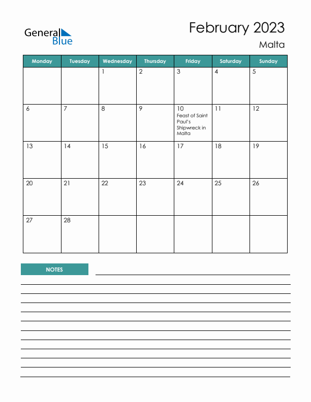 Calendar with Notes Printable - Monday Start