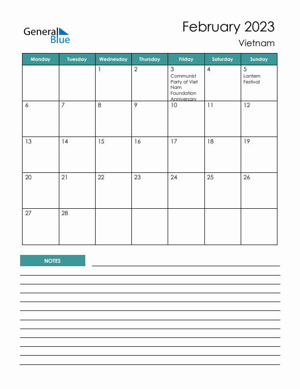 Calendar with Notes Printable - Monday Start