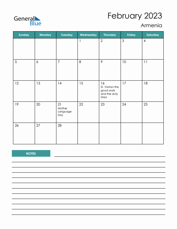 Calendar with Notes Printable - Sunday Start