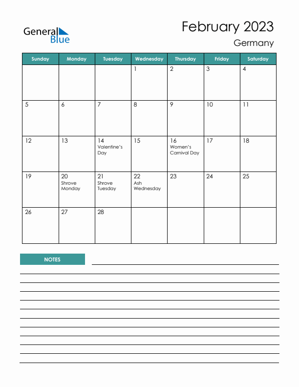 Calendar with Notes Printable - Sunday Start