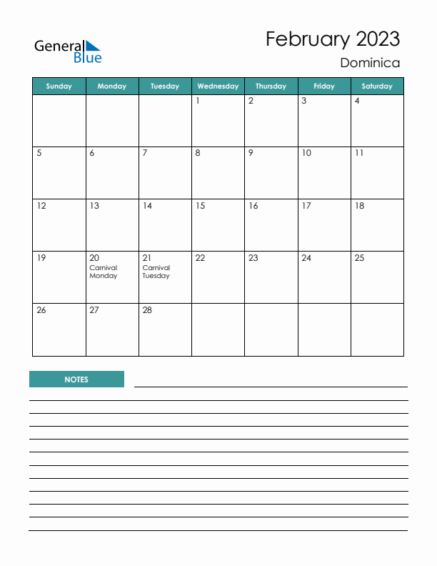 Calendar with Notes Printable - Sunday Start